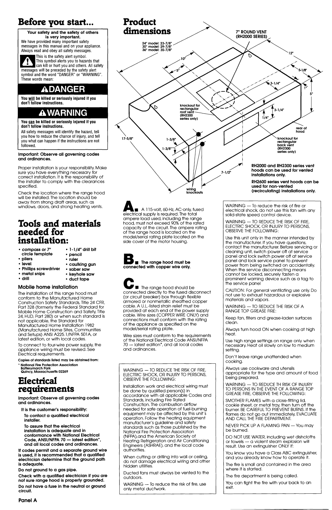 Whirlpool RH2000, RH2 300 Before you start, Tools and mate&Is needed for installation, Mobile home installation, Panel a 