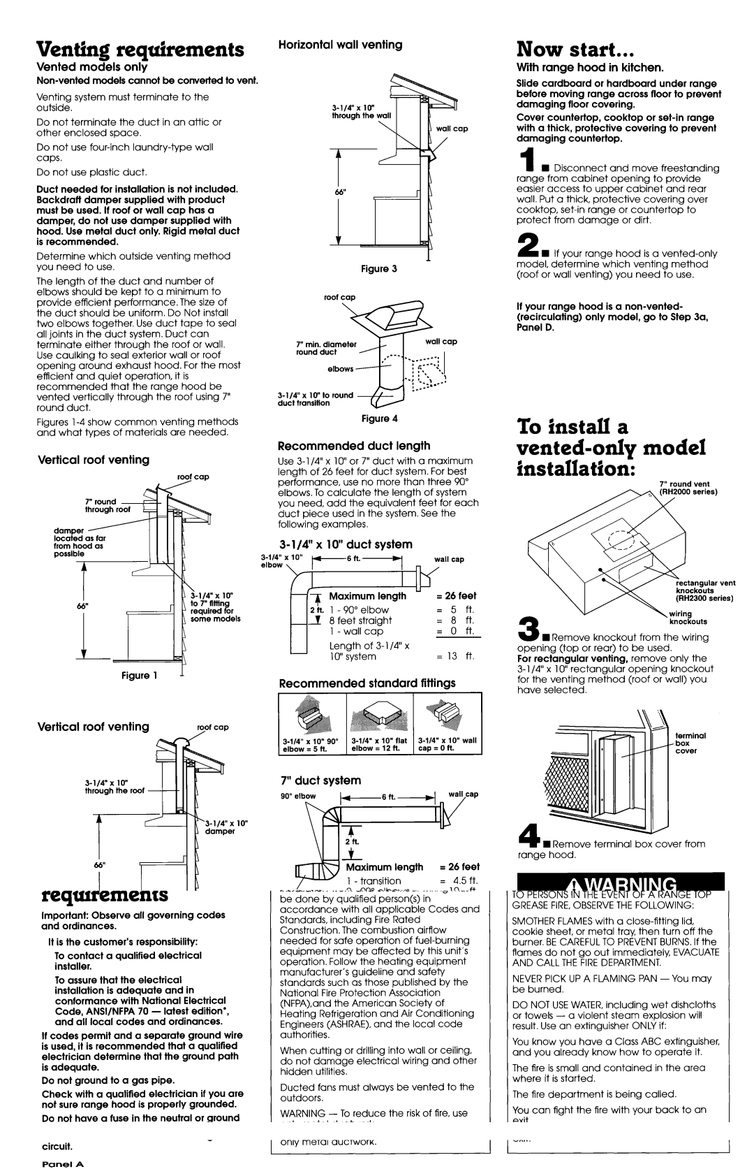 Whirlpool RH2 300, RH2600, RH2000 Venting requirements, Now start, To install a vented-only model fnstalation 