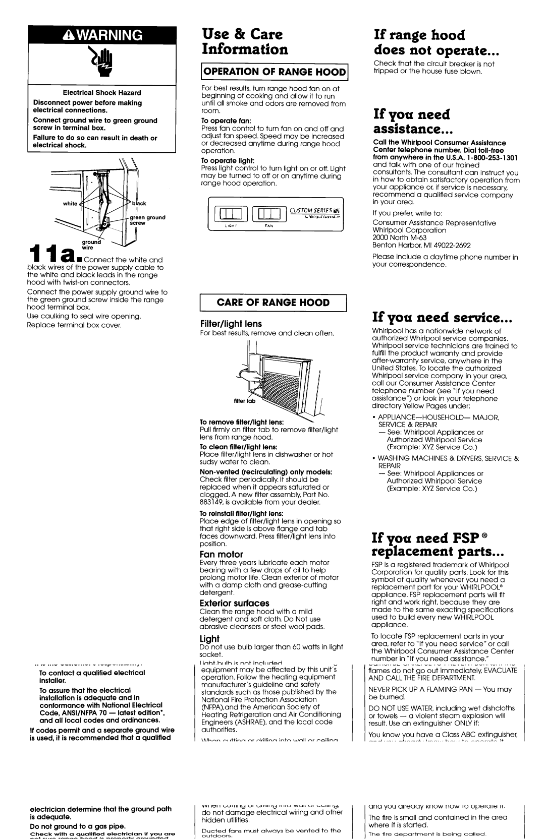 Whirlpool RH2 300 Use & Care Information, If range hood Does not operate, If you need Assistance, If you need service 