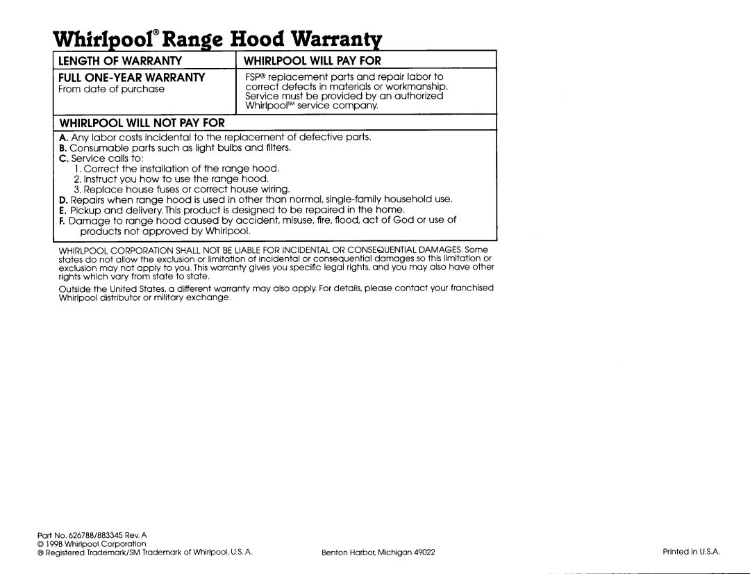 Whirlpool RH2600, RH2 300, RH2000 Whirlpool” Range Hood Warranty, Whirlpool Will Pay For, Whirlpool Will Not Pay For 