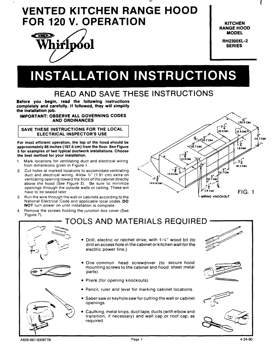 Whirlpool RH2300XL-2 dimensions Read and Save These Instructions, Tools and Materials Required 