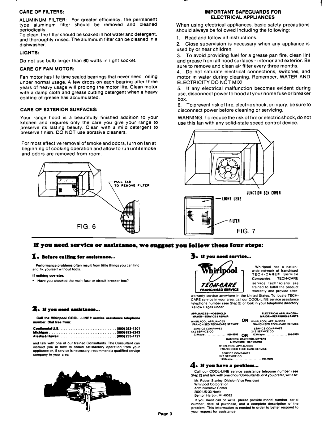 Whirlpool RH2300XL-2 dimensions Care of Filters, Lights, Care of FAN Motor, Care of Exterior Surfaces 