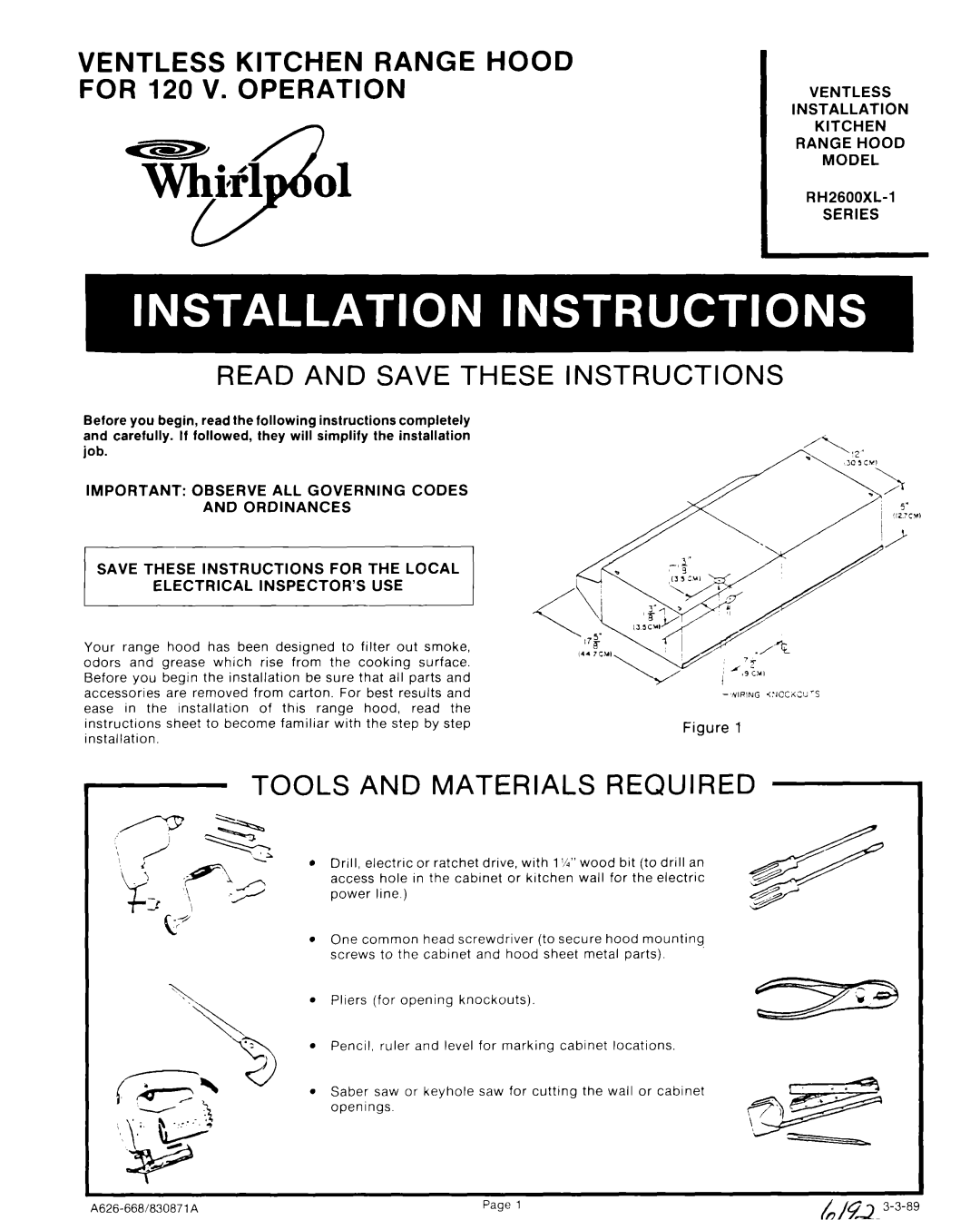 Whirlpool RH2600XL-1 manual Ventless Kitchen Range Hood for 120 V. Operation 