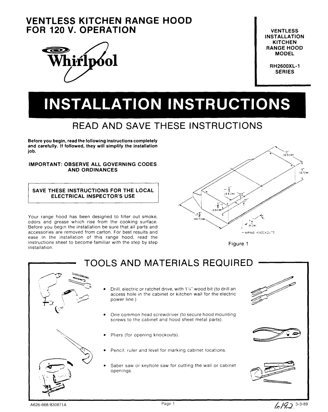 Whirlpool RH2600XL-1 manual VENTLESS KITCHEN RANGE HOOD FOR 120 V. OPERATION, Read And Save These Instructions 