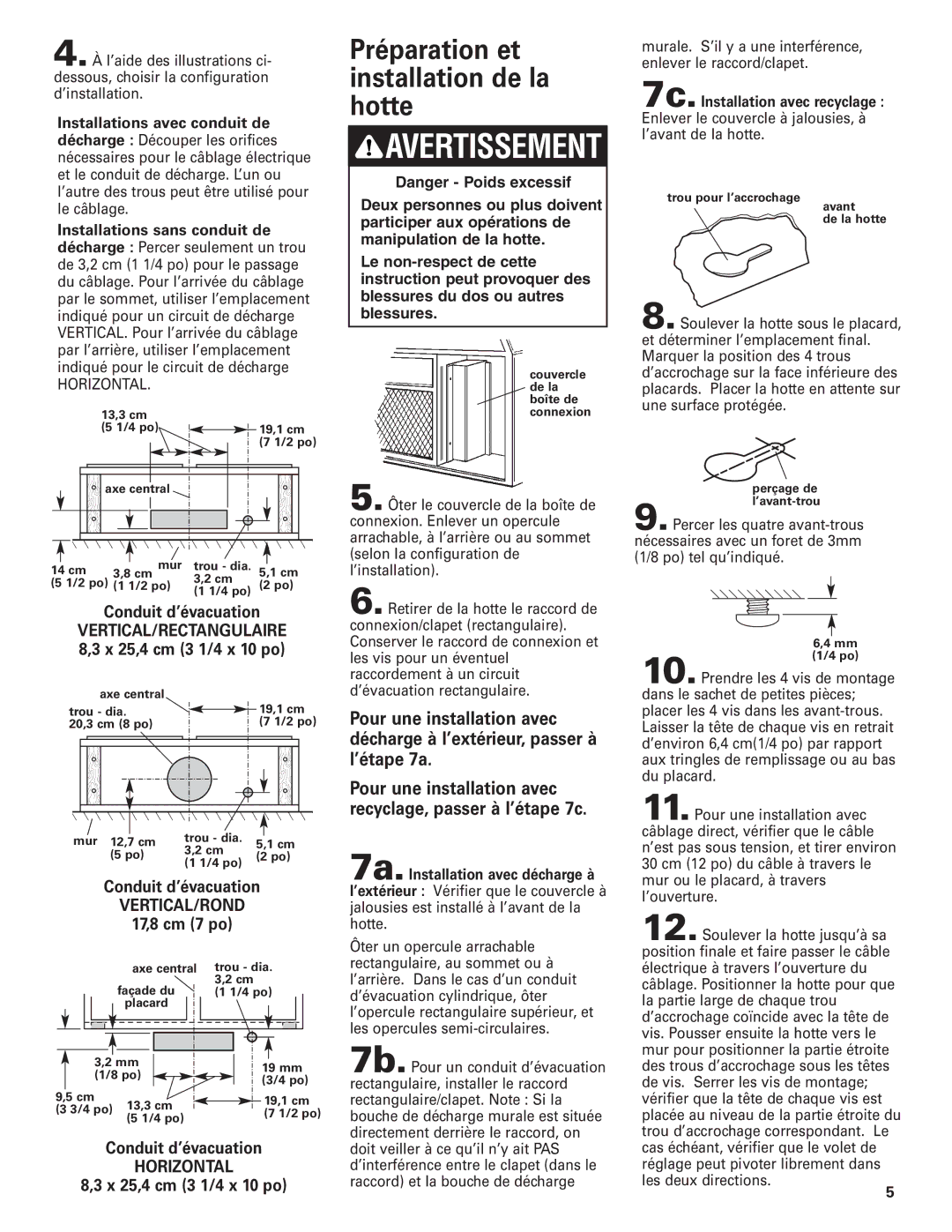 Whirlpool RH3730 Series, RH3736 Series Préparation et installation de la hotte, Conduit d’évacuation, 17,8 cm 7 po 