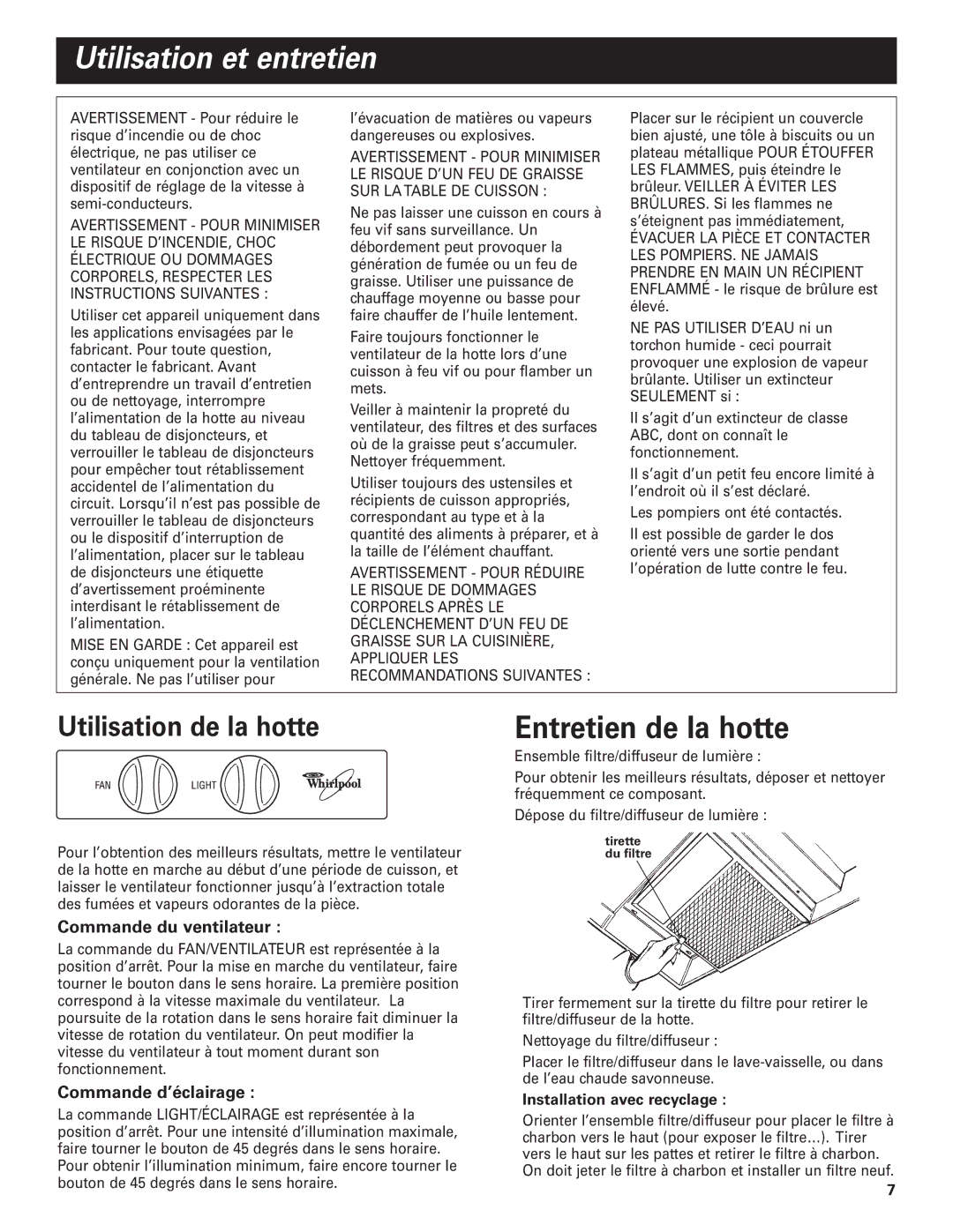 Whirlpool RH3730 Series, RH3736 Series Utilisation et entretien, Entretien de la hotte, Utilisation de la hotte 