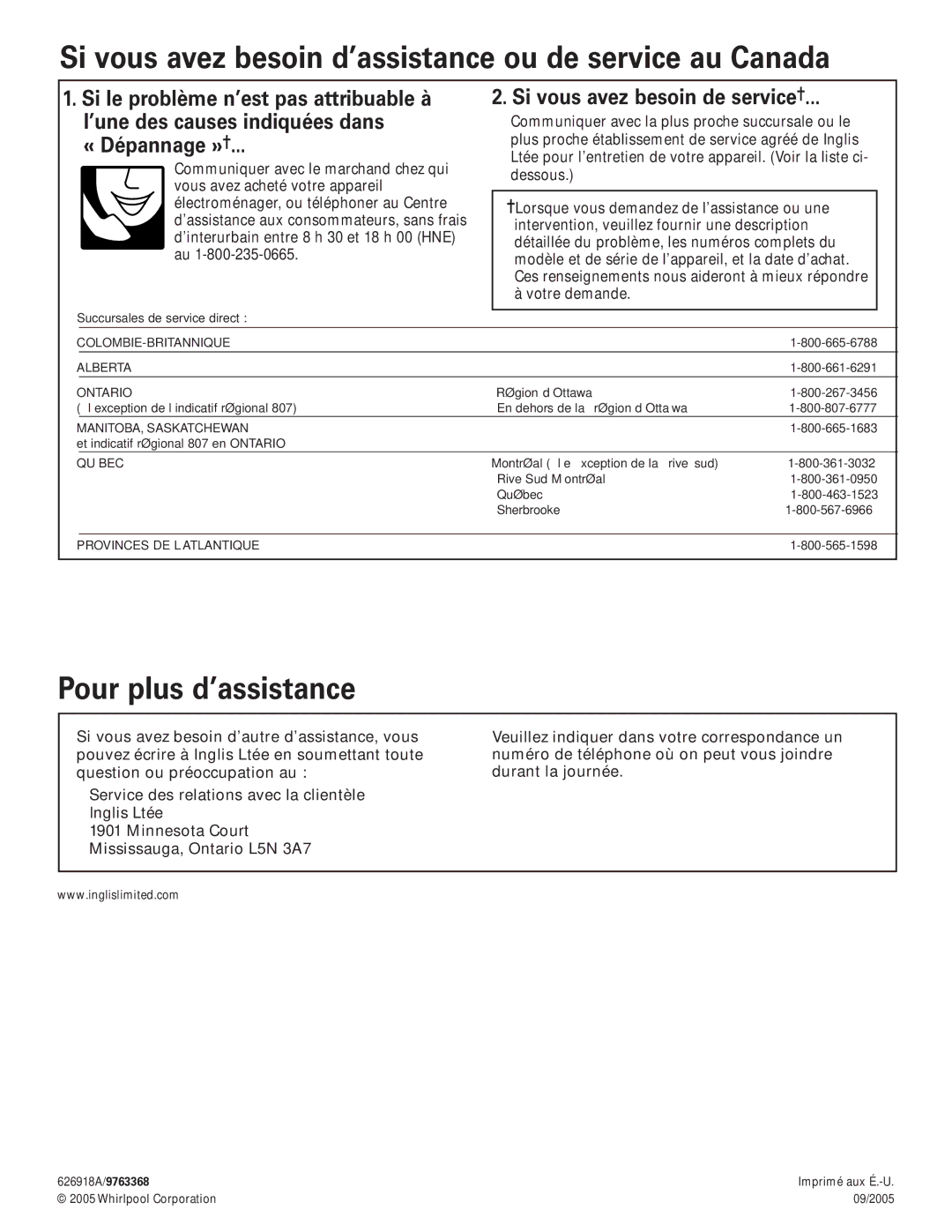 Whirlpool RH3730 Series, RH3736 Series Si vous avez besoin d’assistance ou de service au Canada, « Dépannage » 