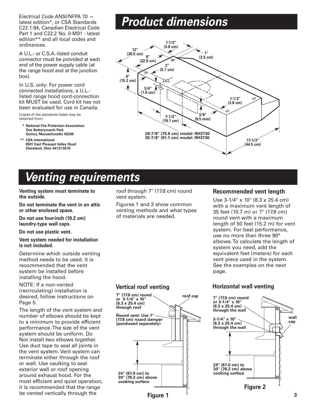 Whirlpool RH3730 Series, RH3736 Series Product dimensions, Venting requirements, Vertical roof venting 