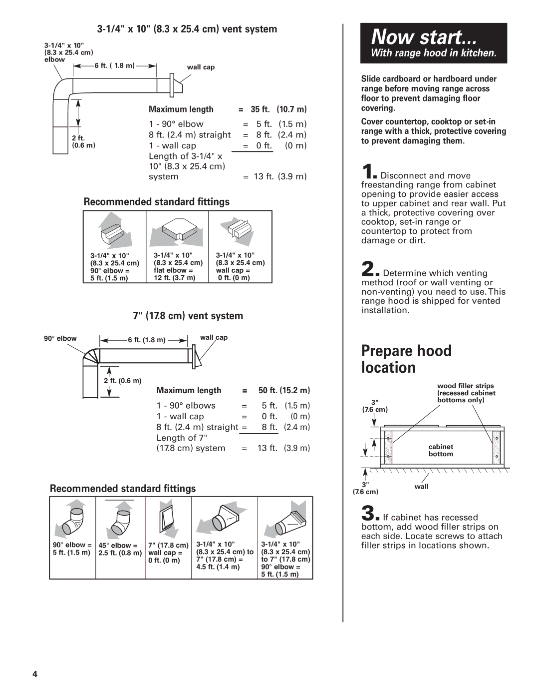 Whirlpool RH3730 Series, RH3736 Series Now start, 4 x 10 8.3 x 25.4 cm vent system, Recommended standard fittings 