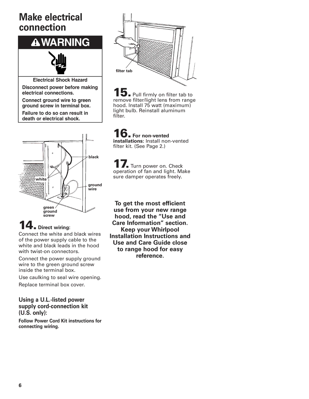 Whirlpool RH3730 Series, RH3736 Series installation instructions Make electrical connection, Direct wiring, For non-vented 