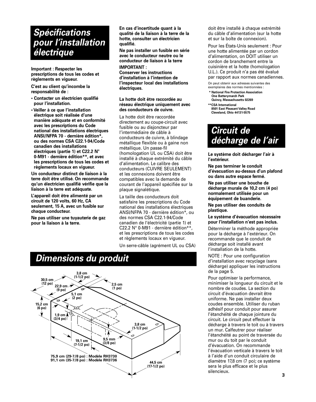 Whirlpool RH3730 installation instructions Dimensions du produit, Le système doit décharger l’air à l’extérieur 