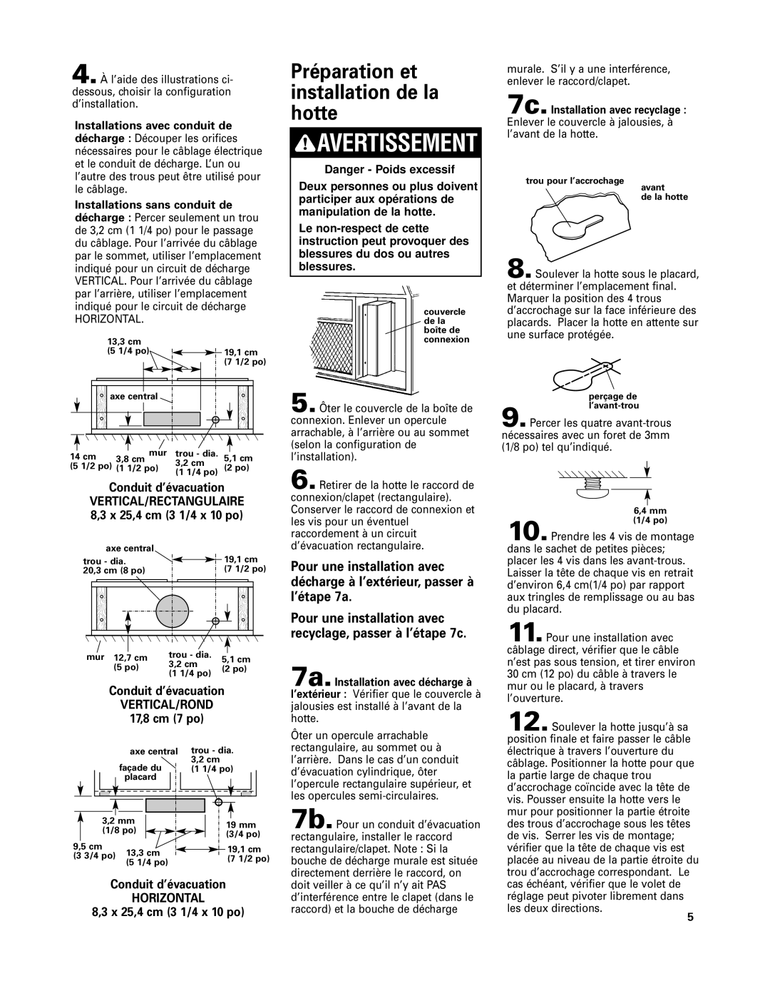 Whirlpool RH3730 Préparation et installation de la hotte, Conduit d’évacuation, 17,8 cm 7 po, X 25,4 cm 3 1/4 x 10 po 