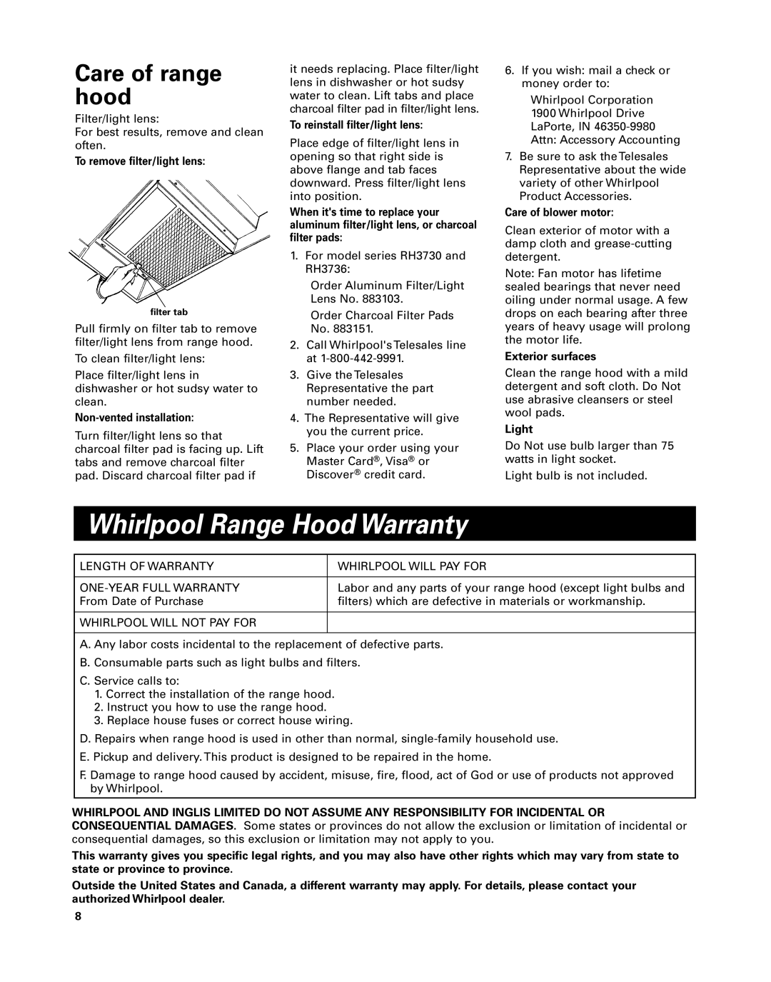 Whirlpool RH3730 installation instructions Whirlpool Range Hood Warranty, Care of range hood 