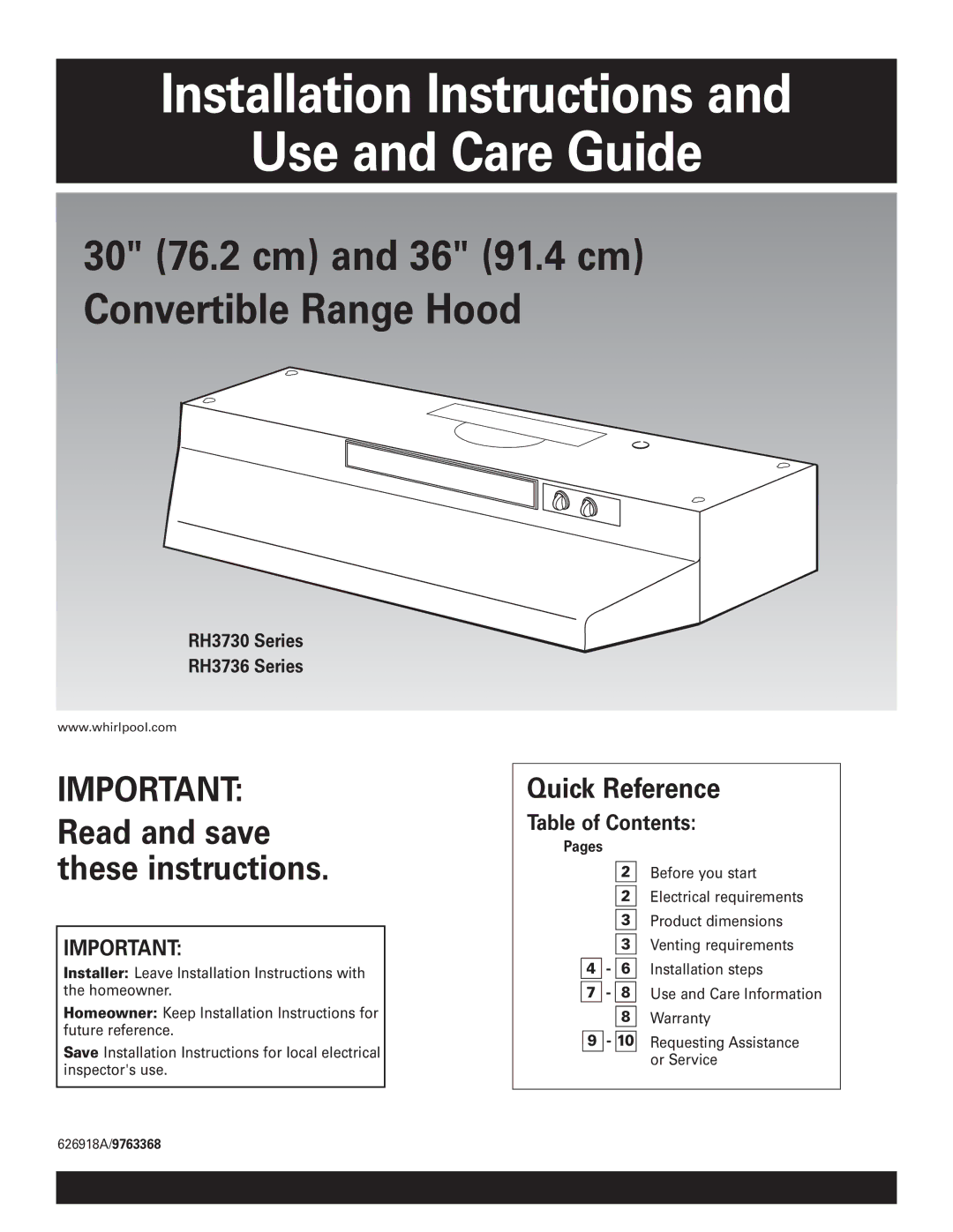 Whirlpool RH3736 installation instructions Quick Reference, Table of Contents 