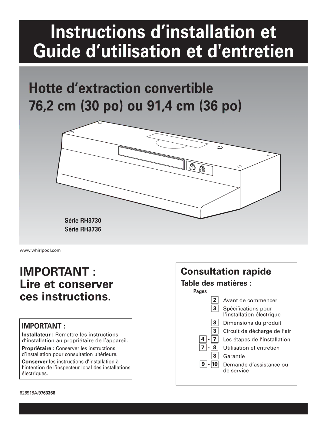 Whirlpool installation instructions Consultation rapide, Table des matières, Série RH3730 Série RH3736 