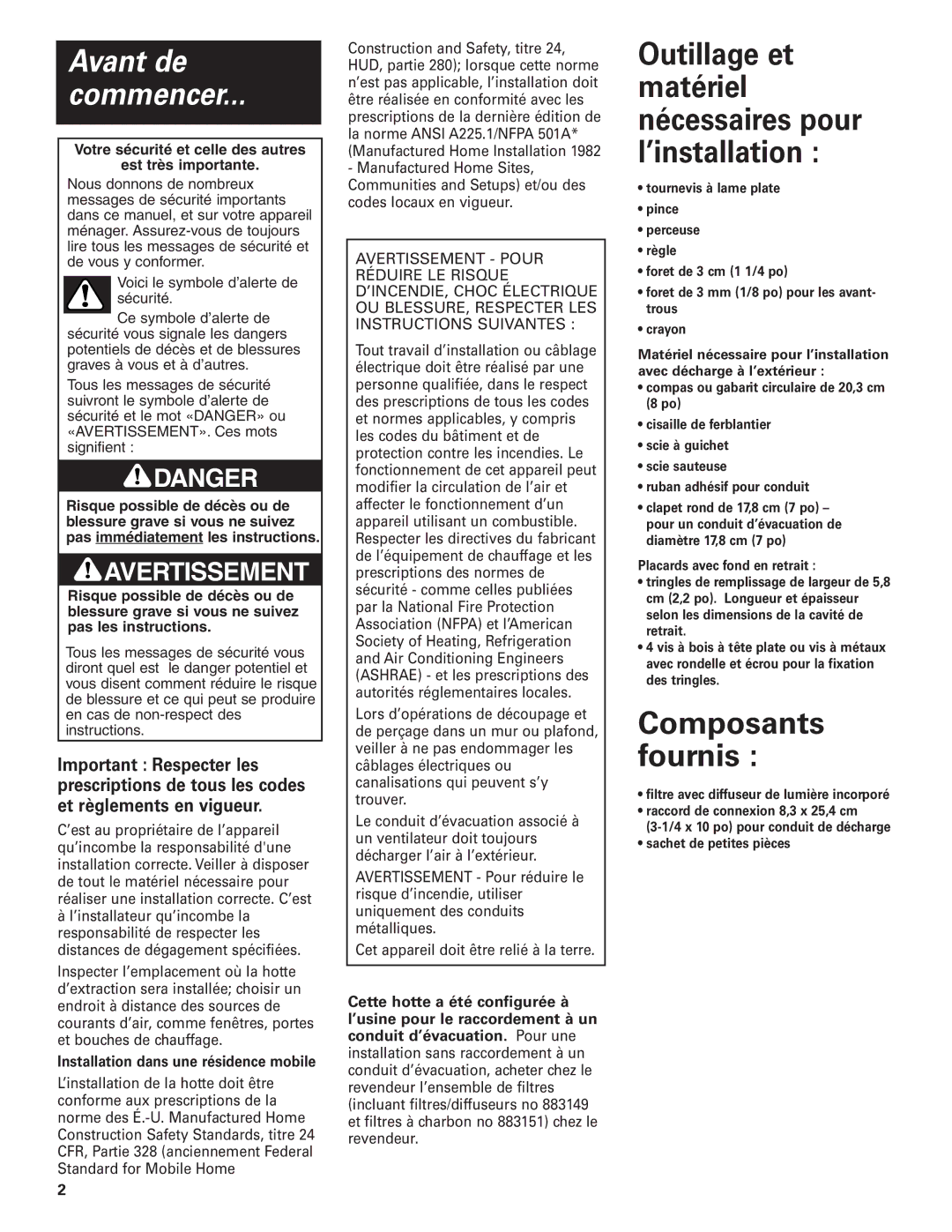 Whirlpool RH3736 installation instructions Avant de Commencer, Outillage et matériel nécessaires pour l’installation 