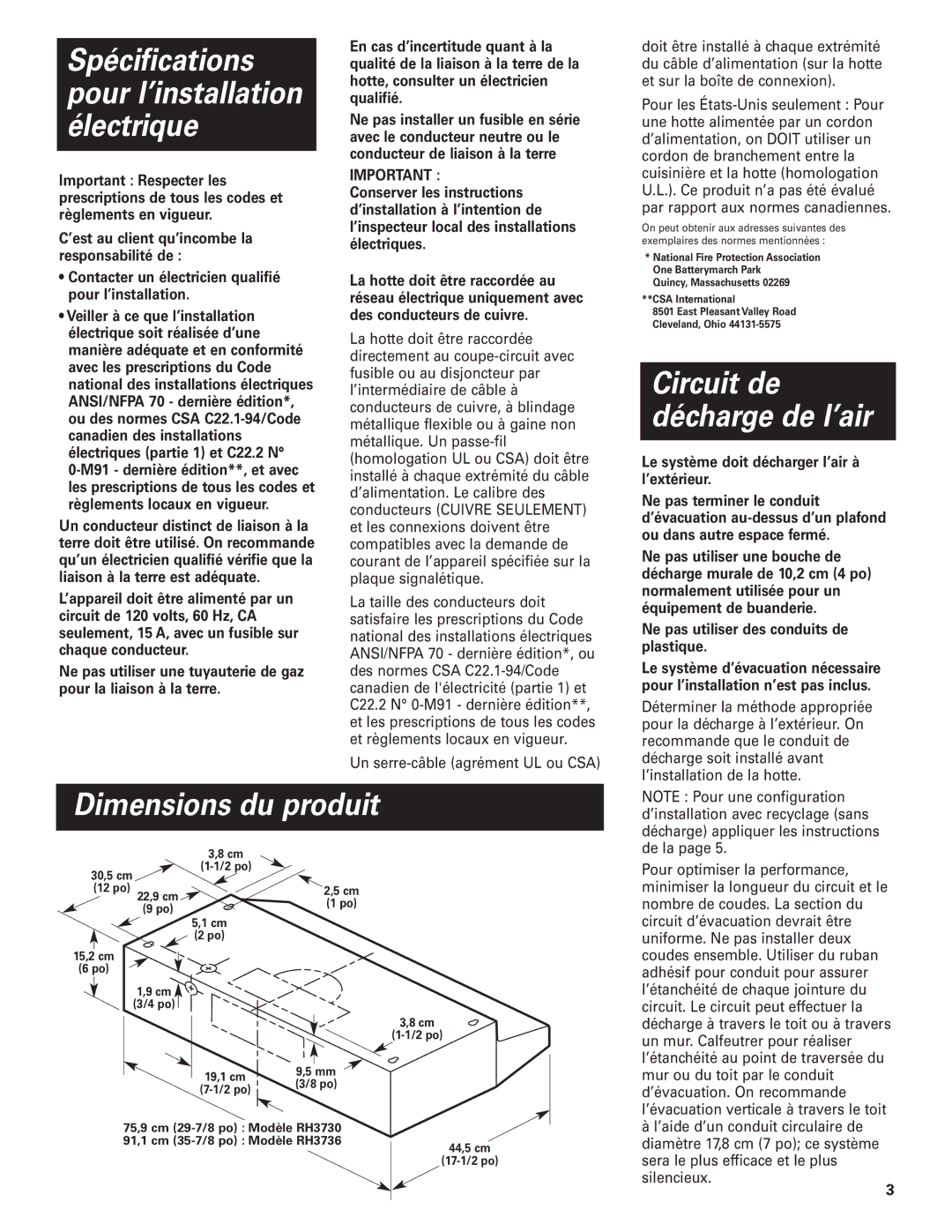 Whirlpool RH3736 installation instructions Dimensions du produit, Le système doit décharger l’air à l’extérieur 