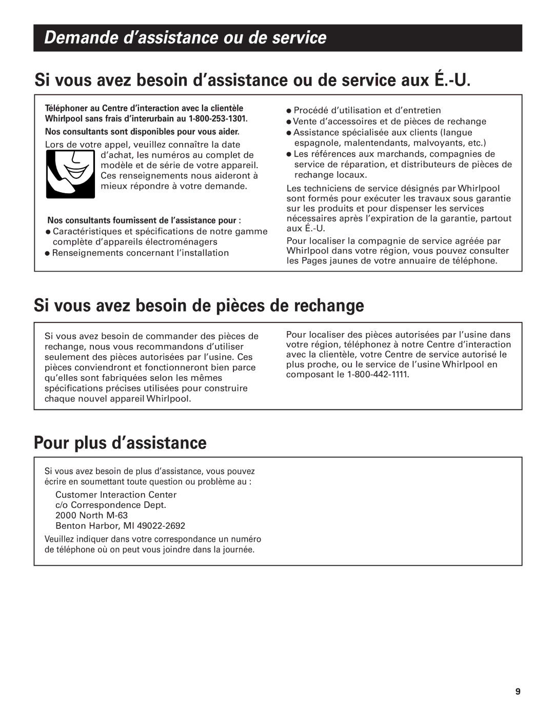 Whirlpool RH3736 Demande d’assistance ou de service, Si vous avez besoin d’assistance ou de service aux É.-U 