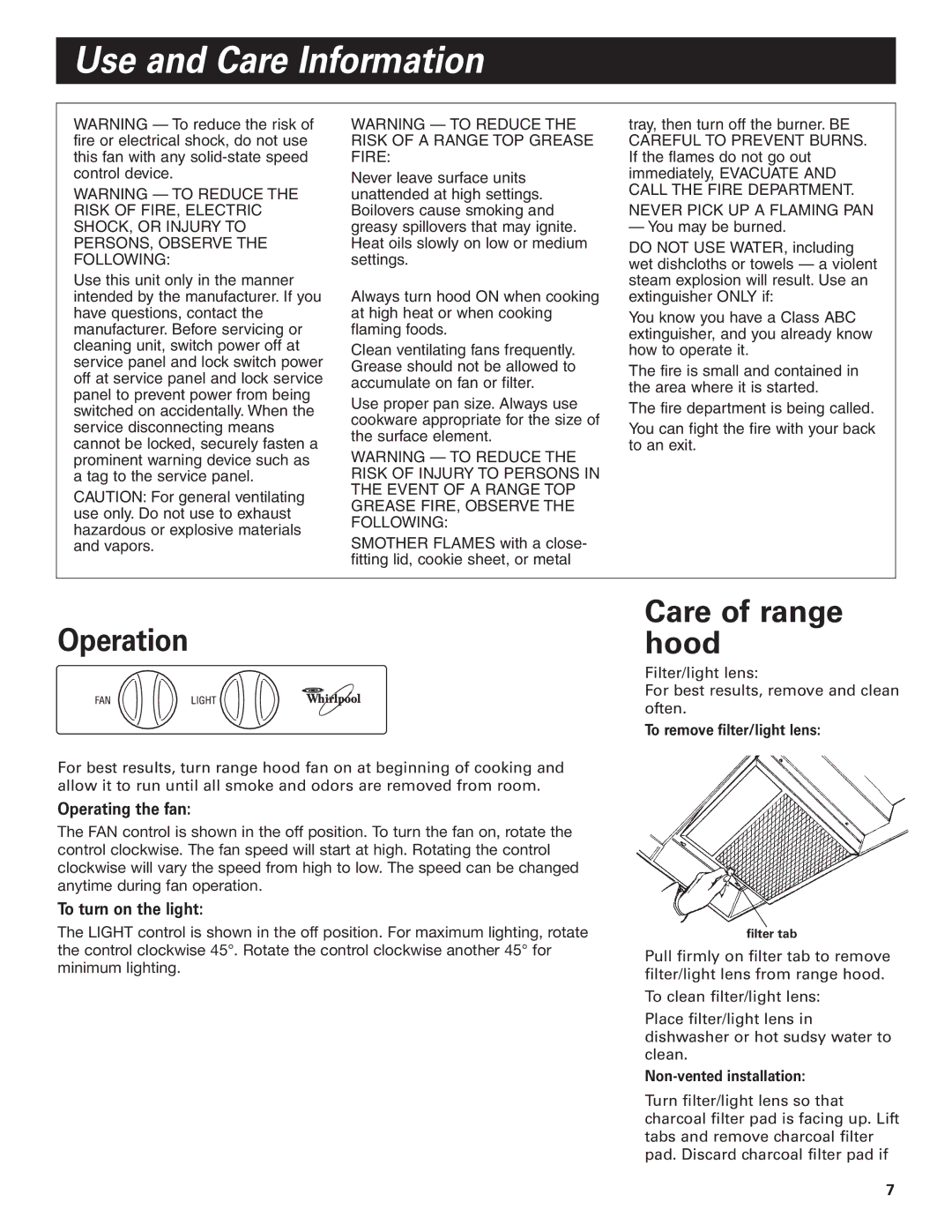 Whirlpool RH3736 Use and Care Information, Operation, Care of range hood, Operating the fan, To turn on the light 