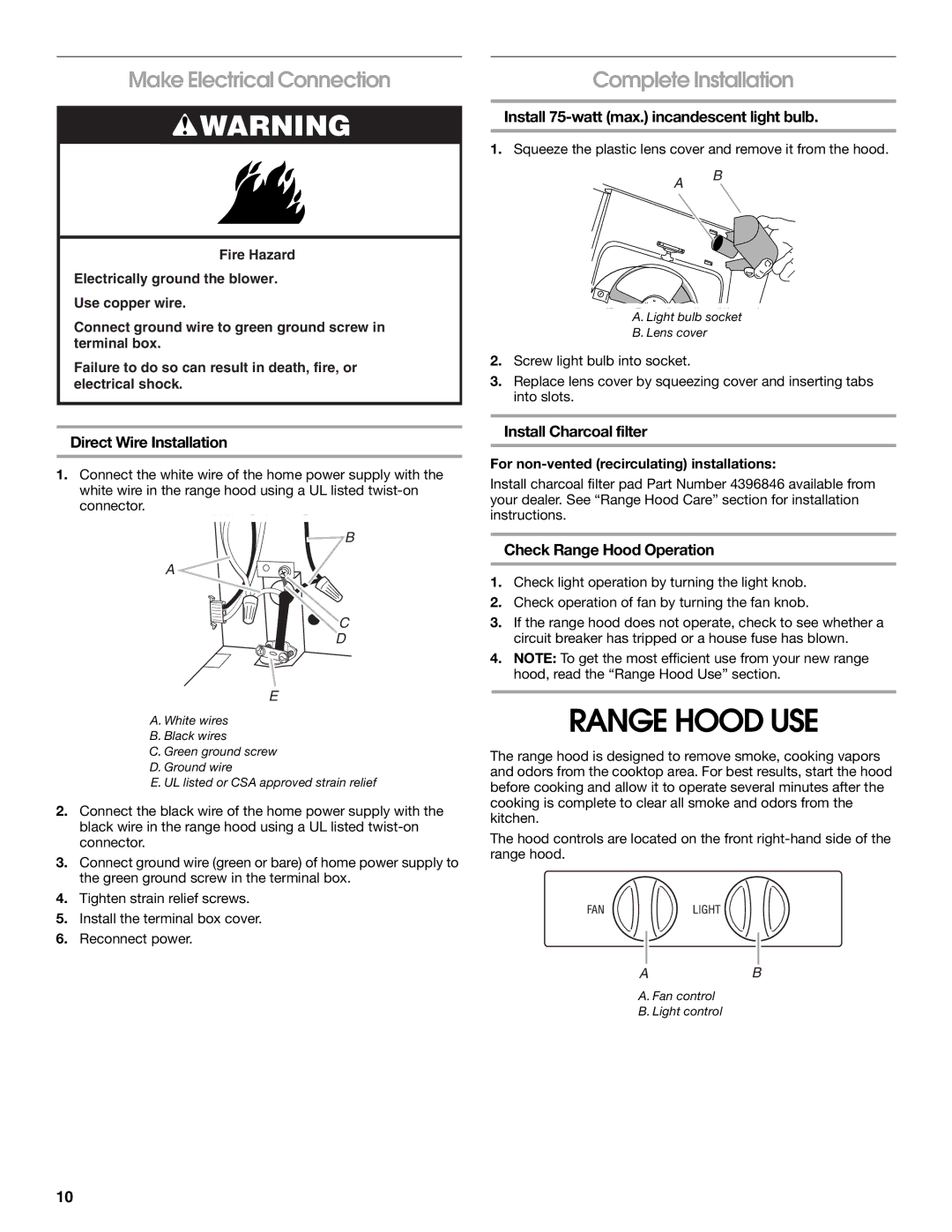 Whirlpool RH3736XL installation instructions Range Hood USE, Make Electrical Connection, Complete Installation 