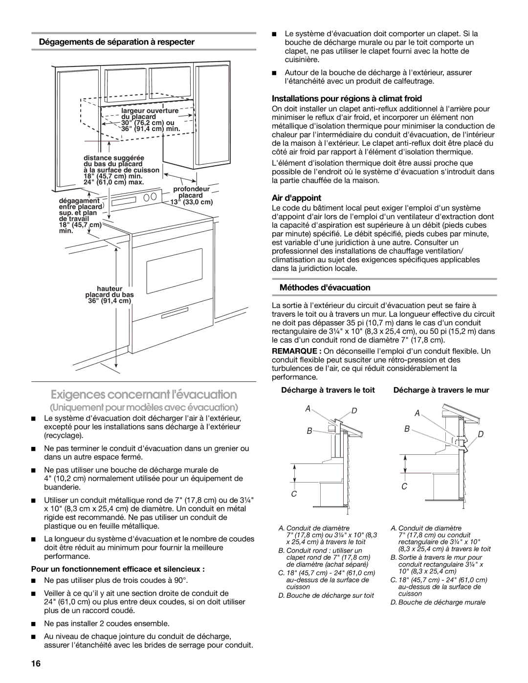 Whirlpool RH3736XL Exigences concernant lévacuation, Installations pour régions à climat froid, Air dappoint 