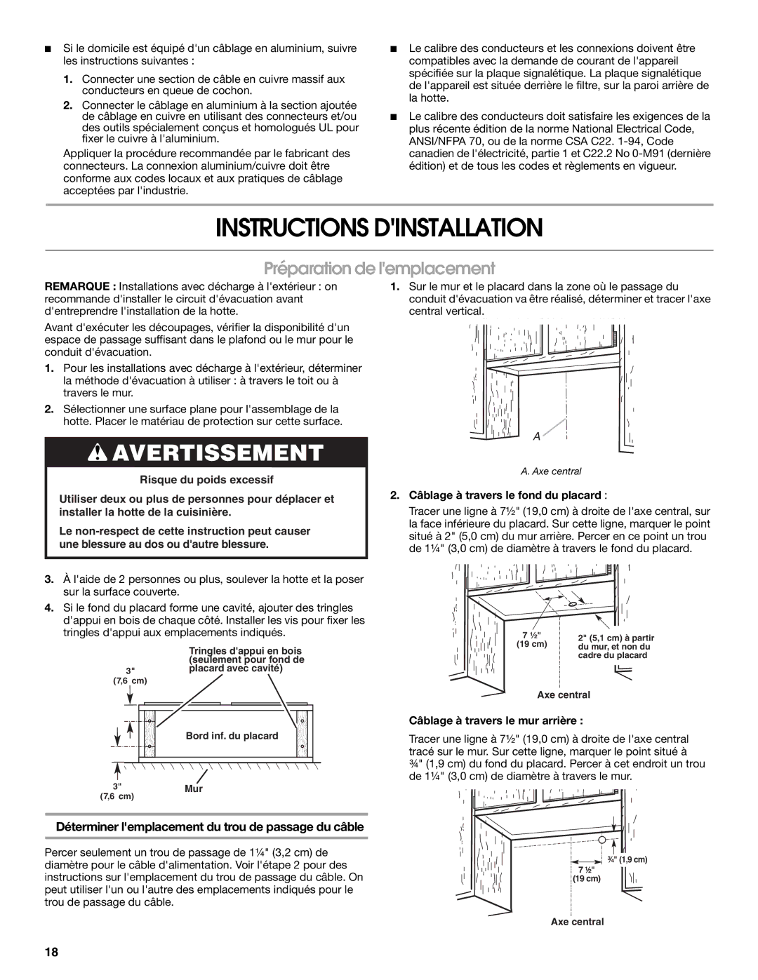 Whirlpool RH3736XL Instructions Dinstallation, Préparation de lemplacement, Câblage à travers le fond du placard 