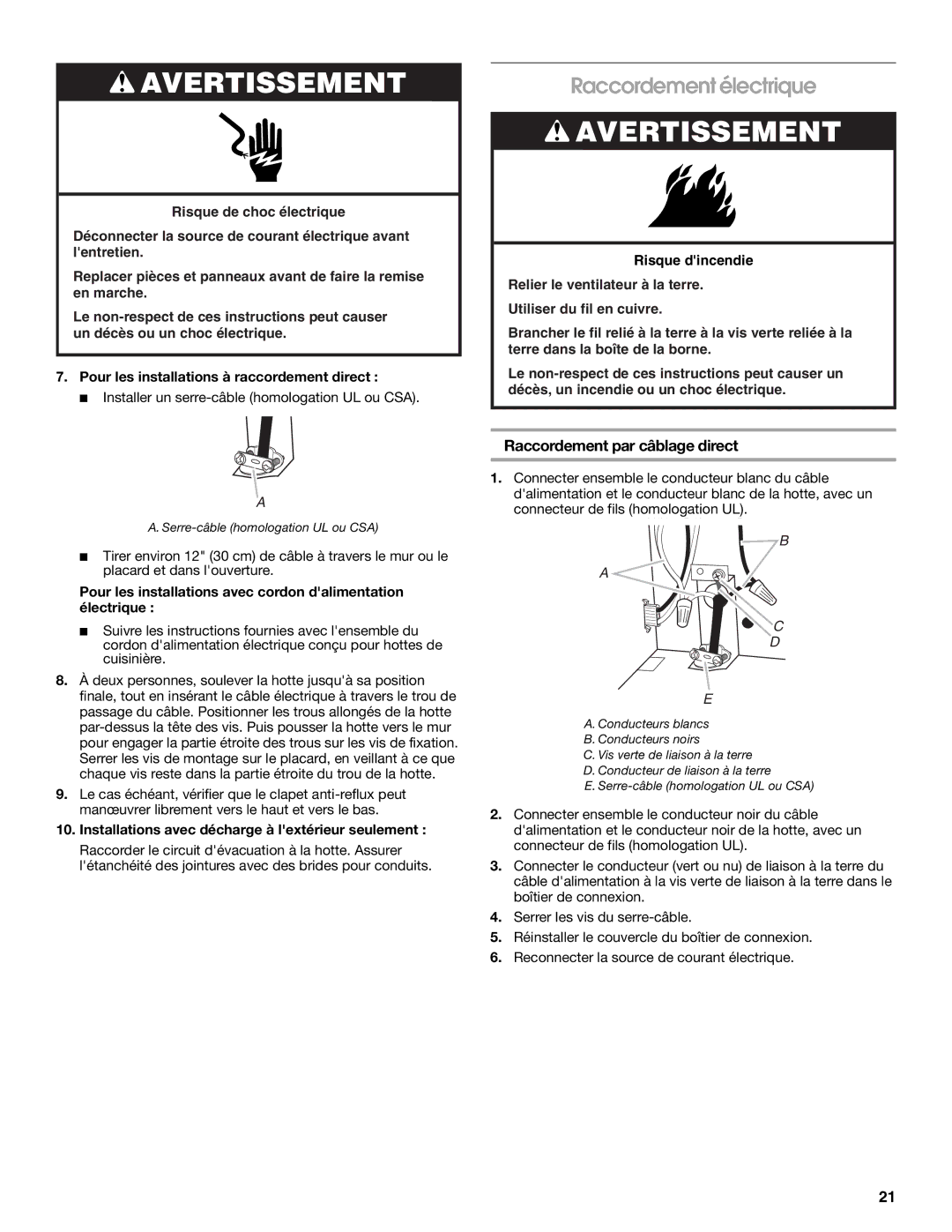 Whirlpool RH3736XL installation instructions Raccordement électrique, Raccordement par câblage direct 