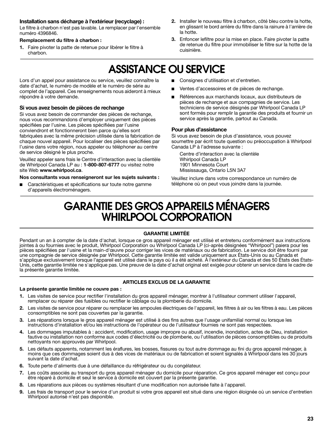 Whirlpool RH3736XL Assistance OU Service, Garantie DES Gros Appareils Ménagers Whirlpool Corporation 