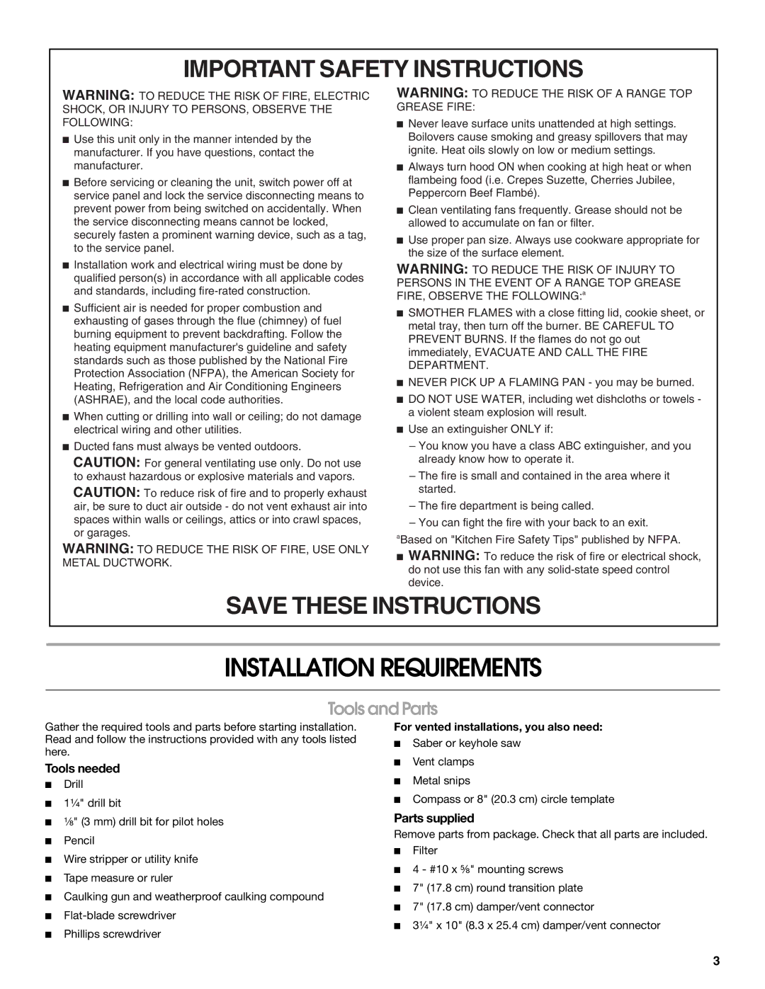 Whirlpool RH3736XL installation instructions Installation Requirements, Tools and Parts, Tools needed, Parts supplied 