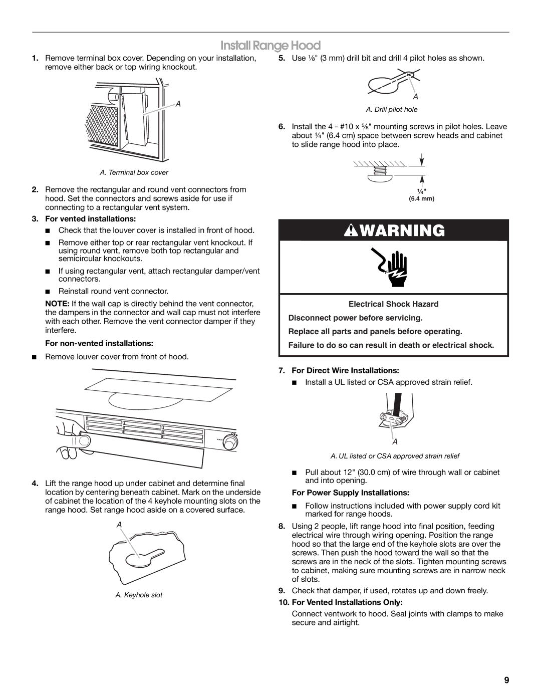 Whirlpool RH3736XL installation instructions Install Range Hood, For vented installations, For non-vented installations 