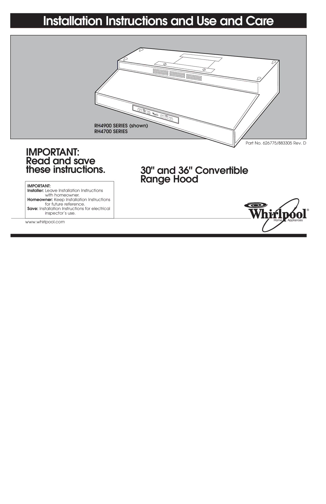 Whirlpool RH4900 SERIES installation instructions Installation Instructions and Use and Care, RH4900 Series shown 