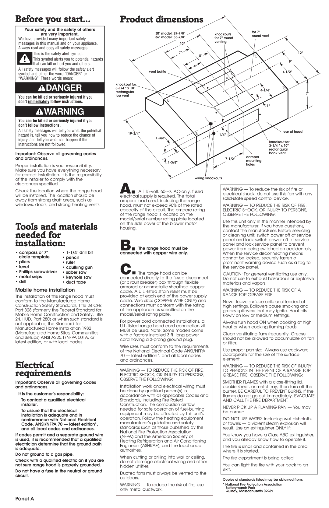 Whirlpool RH4700 SERIES, RH4900 SERIES Before you start, Product dimensions, Tools and materials needed for installation 