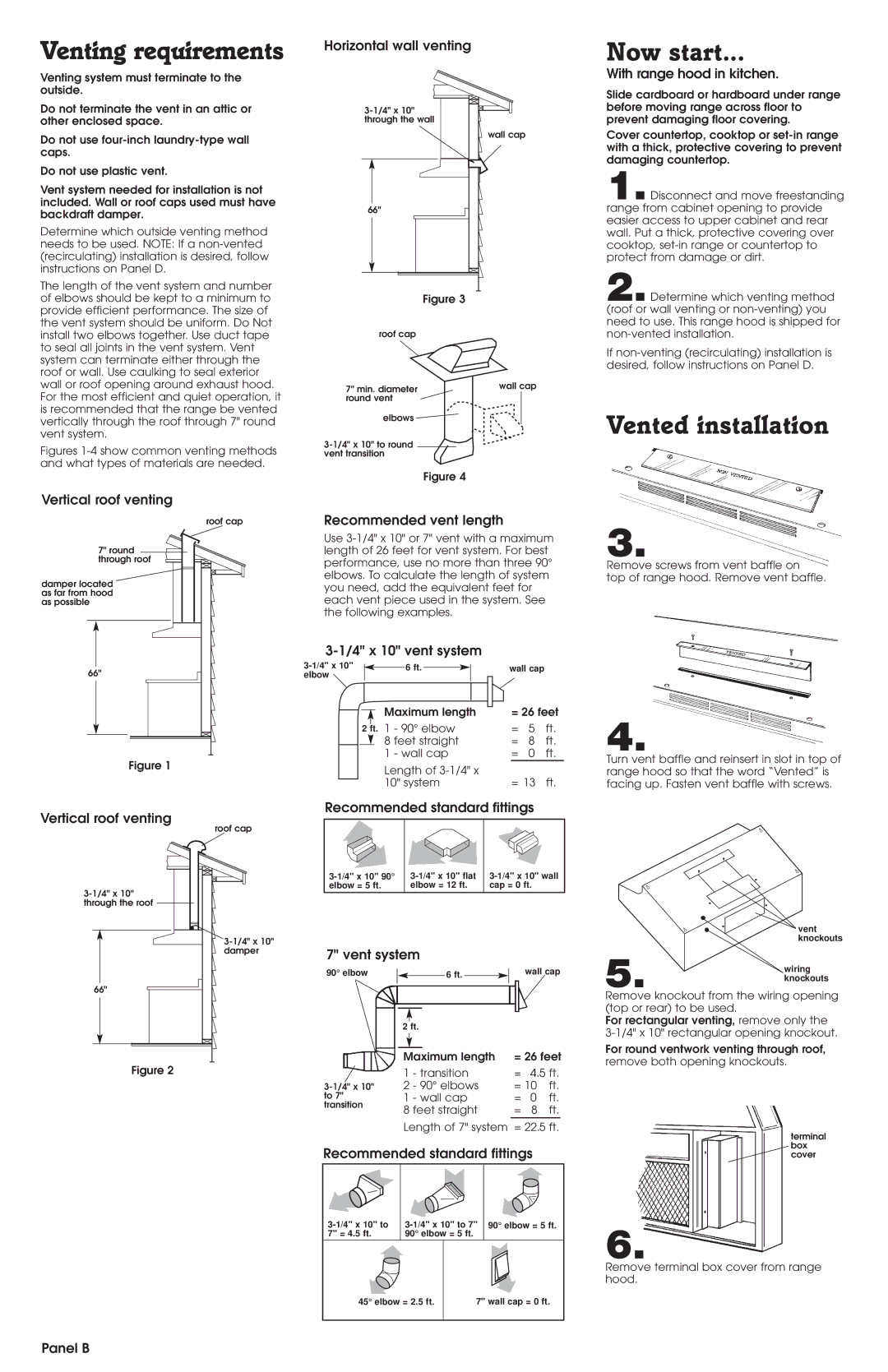 Whirlpool RH4900 SERIES, RH4700 SERIES installation instructions Venting requirements, Now start, Vented installation 