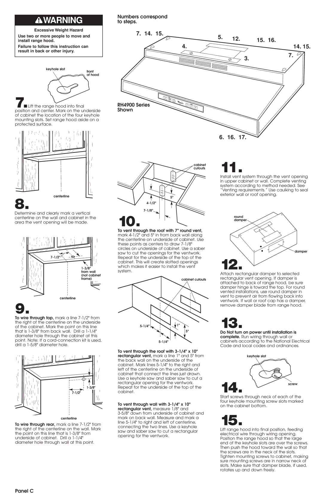 Whirlpool RH4700 SERIES, RH4900 SERIES installation instructions Numbers correspond to steps, Panel C 