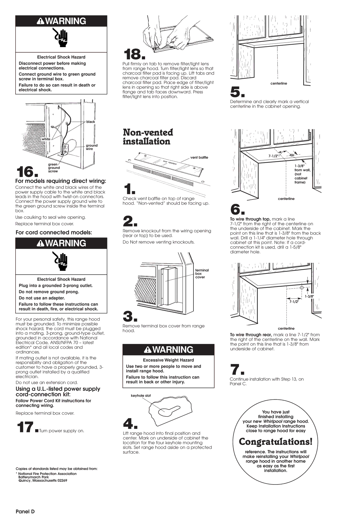 Whirlpool RH4900 SERIES, RH4700 SERIES installation instructions Non-vented installation, Congratulations, Panel D 