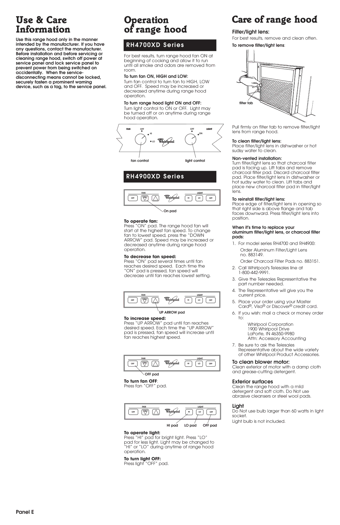 Whirlpool RH4700 SERIES, RH4900 SERIES Use & Care Information, Operation Range hood, Care of range hood 