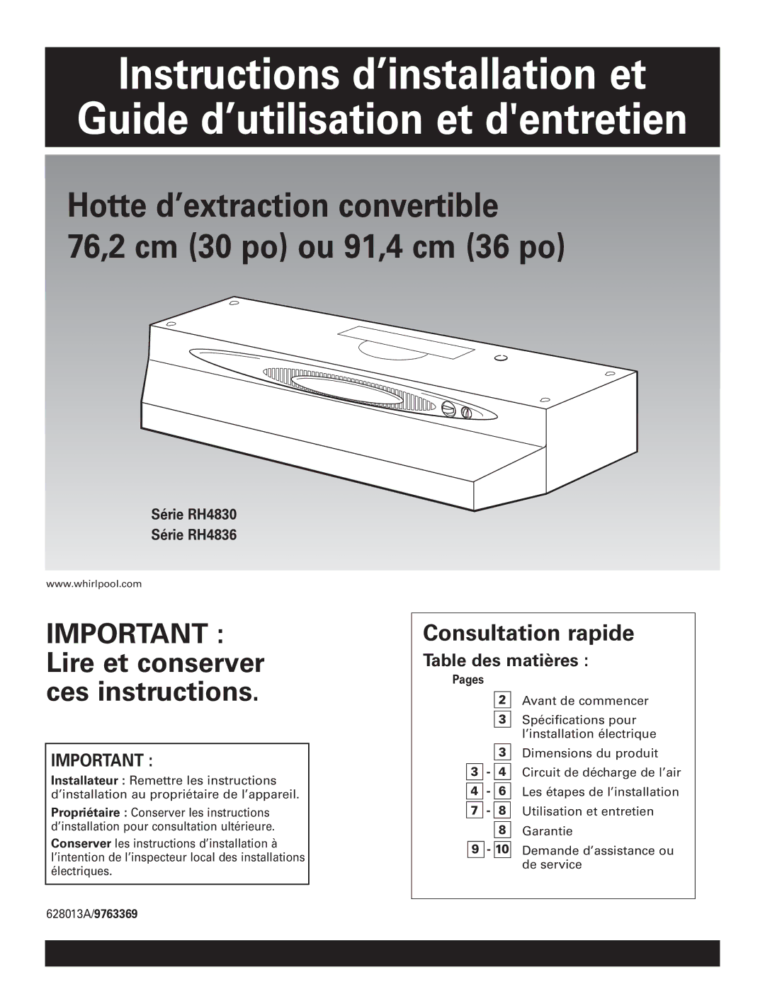 Whirlpool installation instructions Consultation rapide, Table des matières, Série RH4830 Série RH4836 