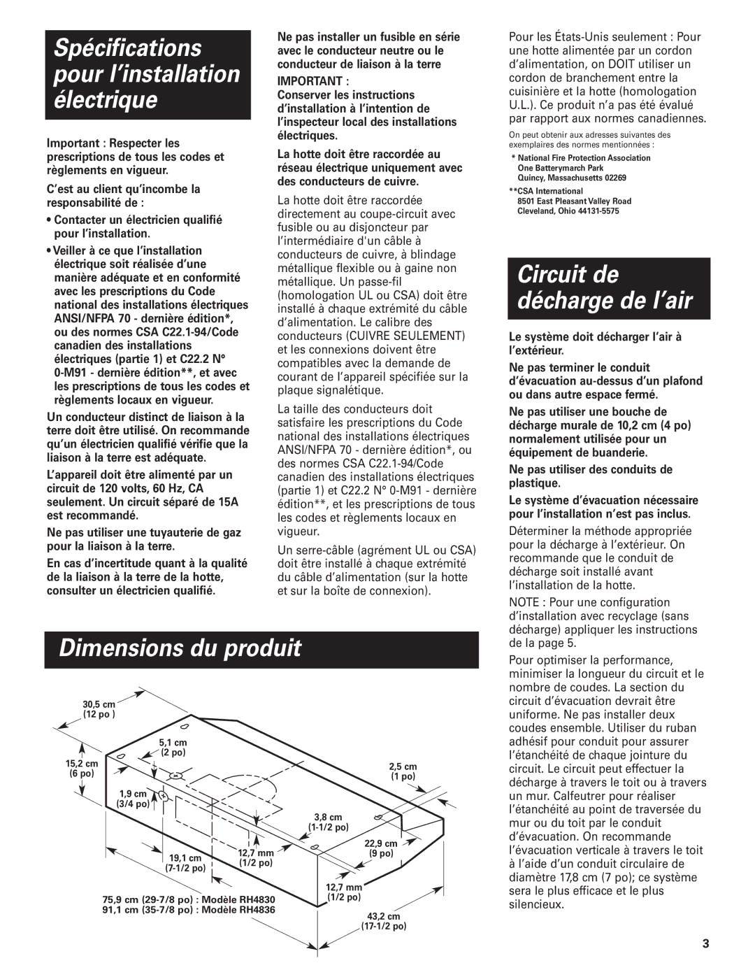 Whirlpool RH4836, RH4830 installation instructions Dimensions du produit, Le système doit décharger l’air à l’extérieur 