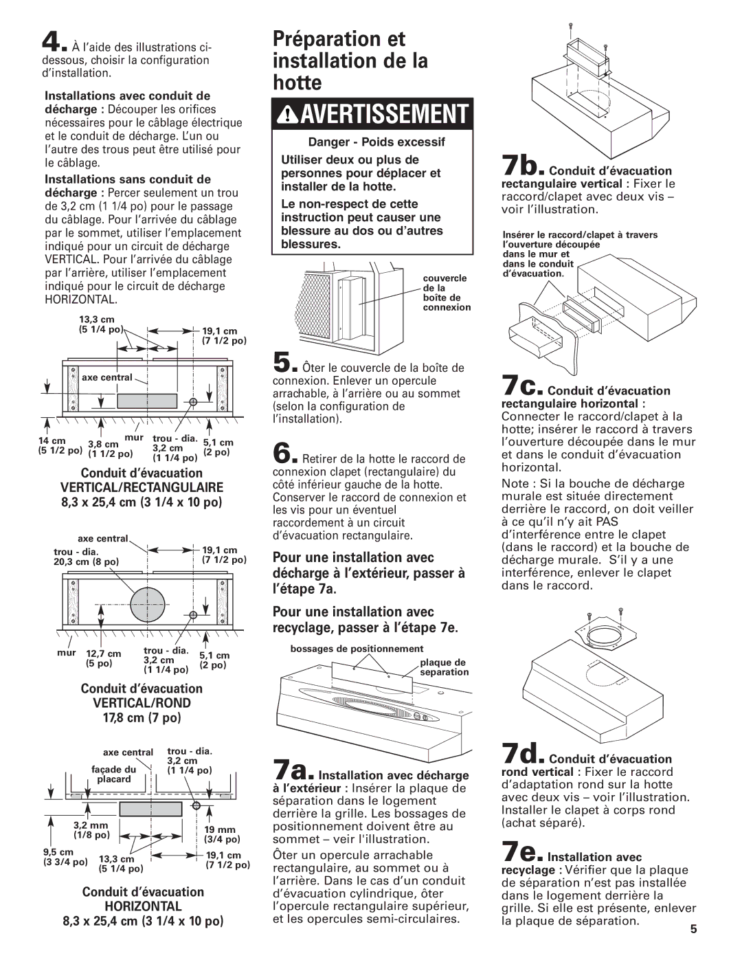 Whirlpool RH4836 Préparation et installation de la hotte, Conduit d’évacuation, 17,8 cm 7 po, X 25,4 cm 3 1/4 x 10 po 