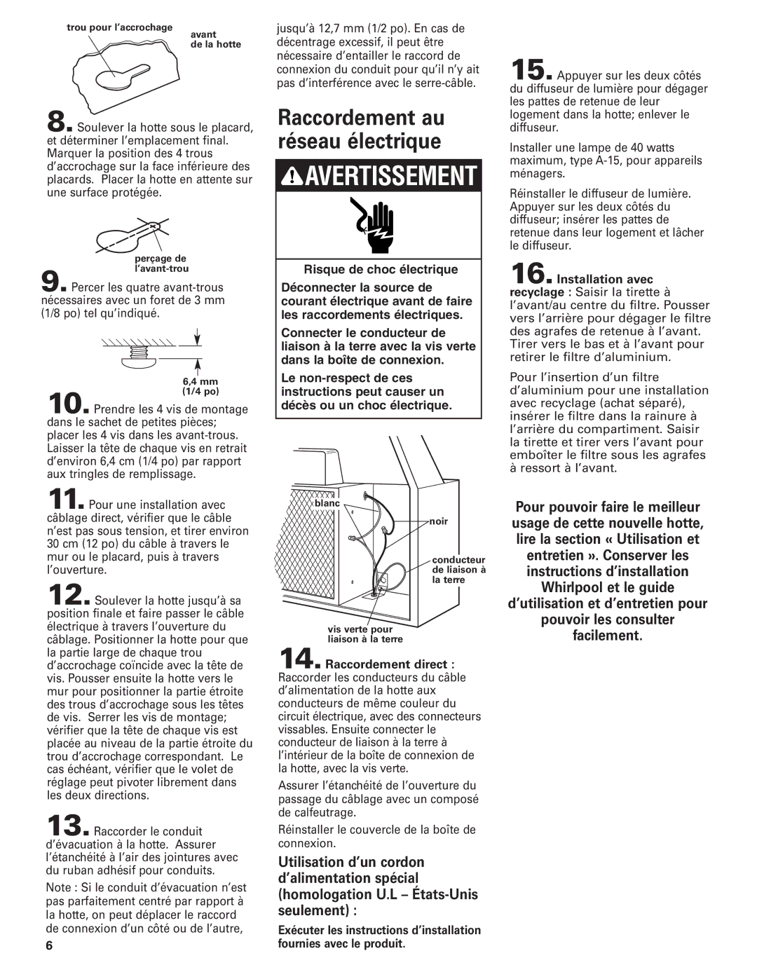 Whirlpool RH4830, RH4836 installation instructions Avertissement 