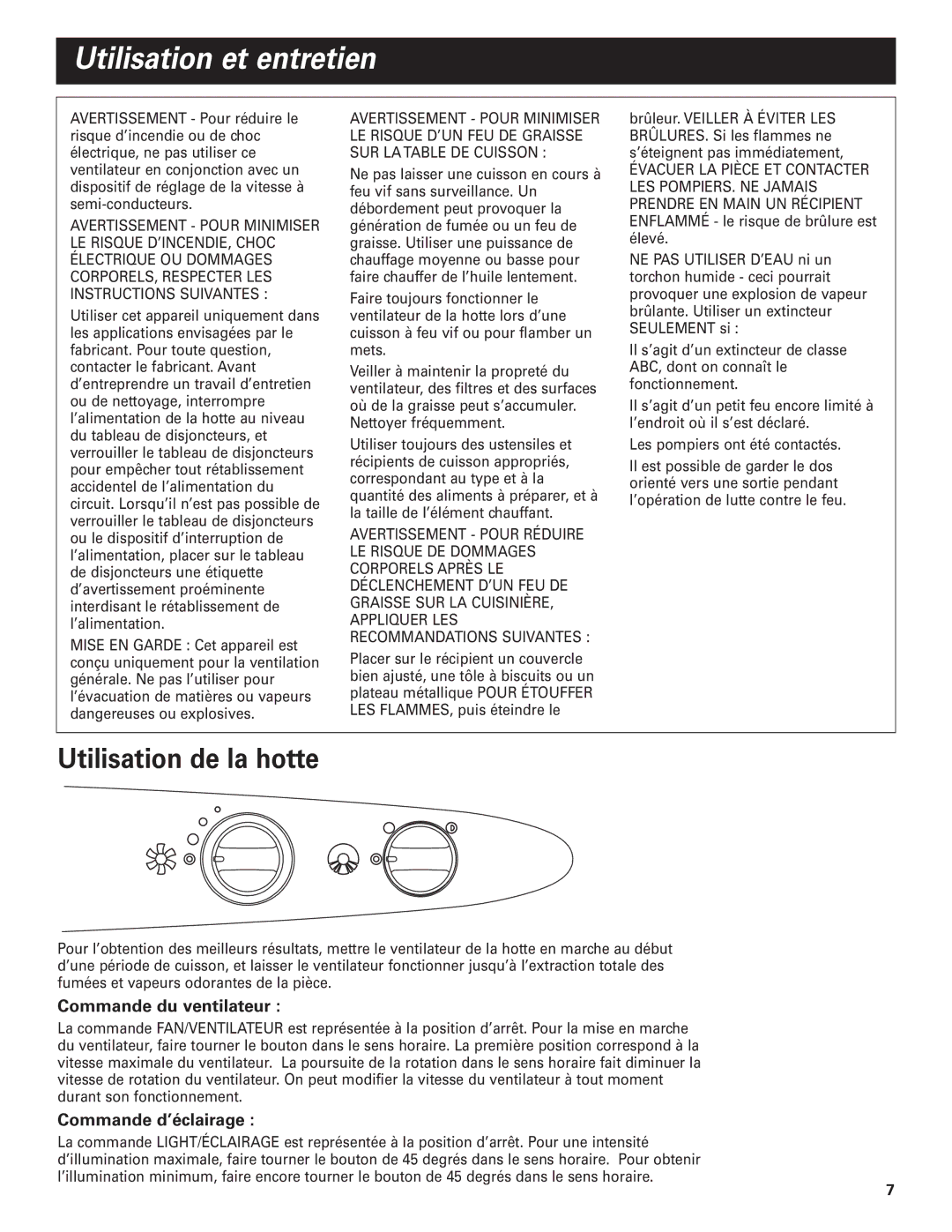 Whirlpool RH4836, RH4830 Utilisation et entretien, Utilisation de la hotte, Commande du ventilateur, Commande d’éclairage 