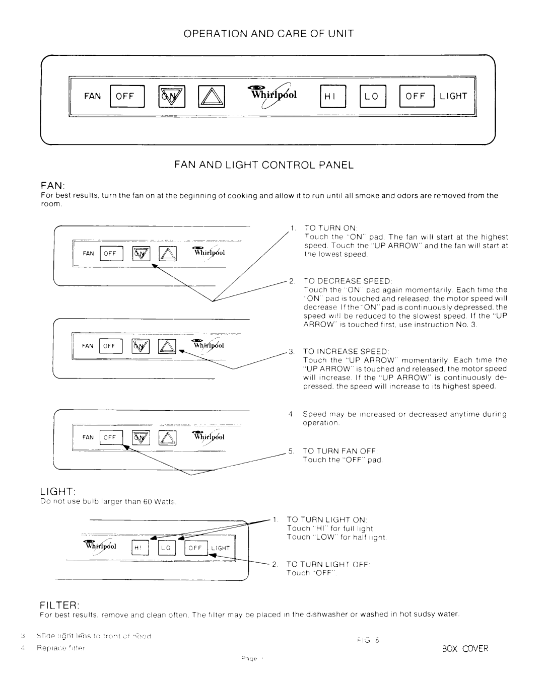 Whirlpool RH4930XL manual Operation and Care of Unit FAN and Light Control Panel, Filter, Exterior Surfaces 