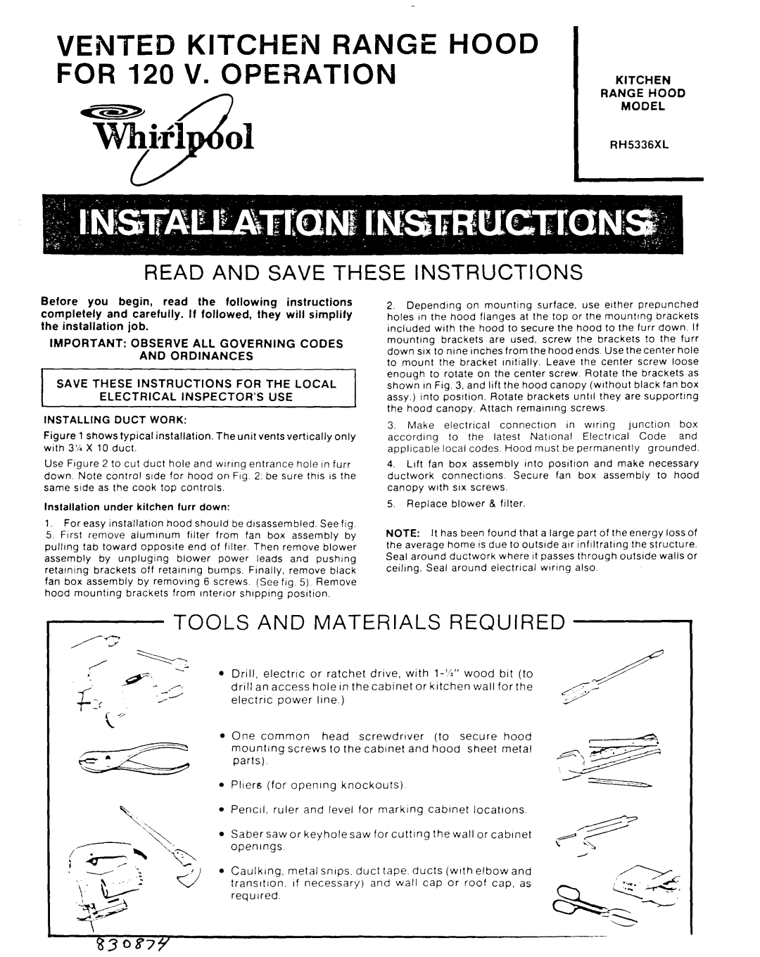 Whirlpool RH5336XL manual Tools, Required, VENTED KITCWEhl RANGE HOOD FOR 120 V. OPERATION, Materials 