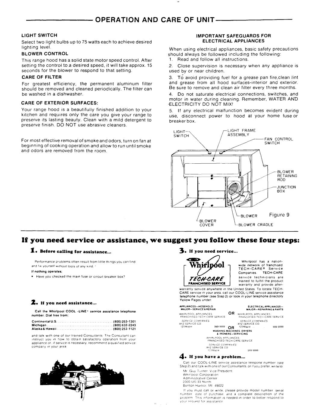 Whirlpool RH7330XL manual Light Switch, Blower Control, Care of Filter, Care of Exterior Surfaces 