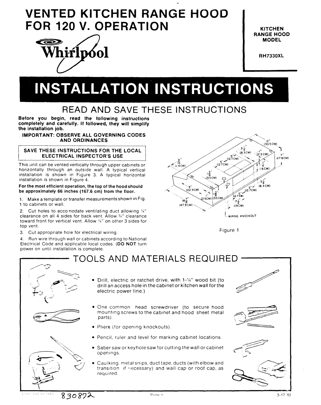 Whirlpool manual Important Observe All Governing Codes And Ordinances, KITCHEN RANGE HOOD MODEL RH7330XL, YKifl 01 4a 