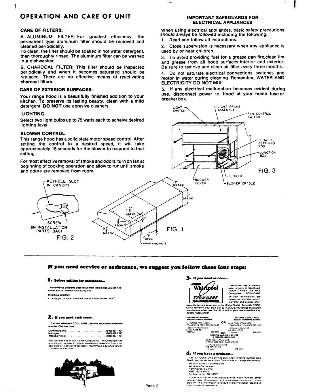 Whirlpool RH7630XL manual Care of Filters, Care of Exterior Surfaces, Lighting, Blower Control, Keyhole Slot Canopy 