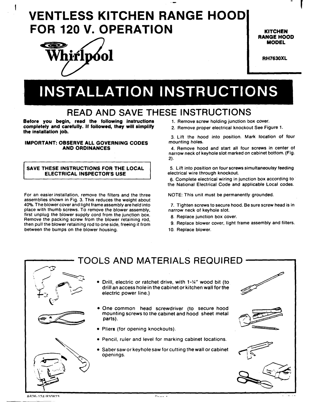Whirlpool RH7630XL manual Tiiifl, ’VENTLESS KITCHEN RANGE HOOD FOR 12O.V. OPERATION, Read And Save These Instructions 