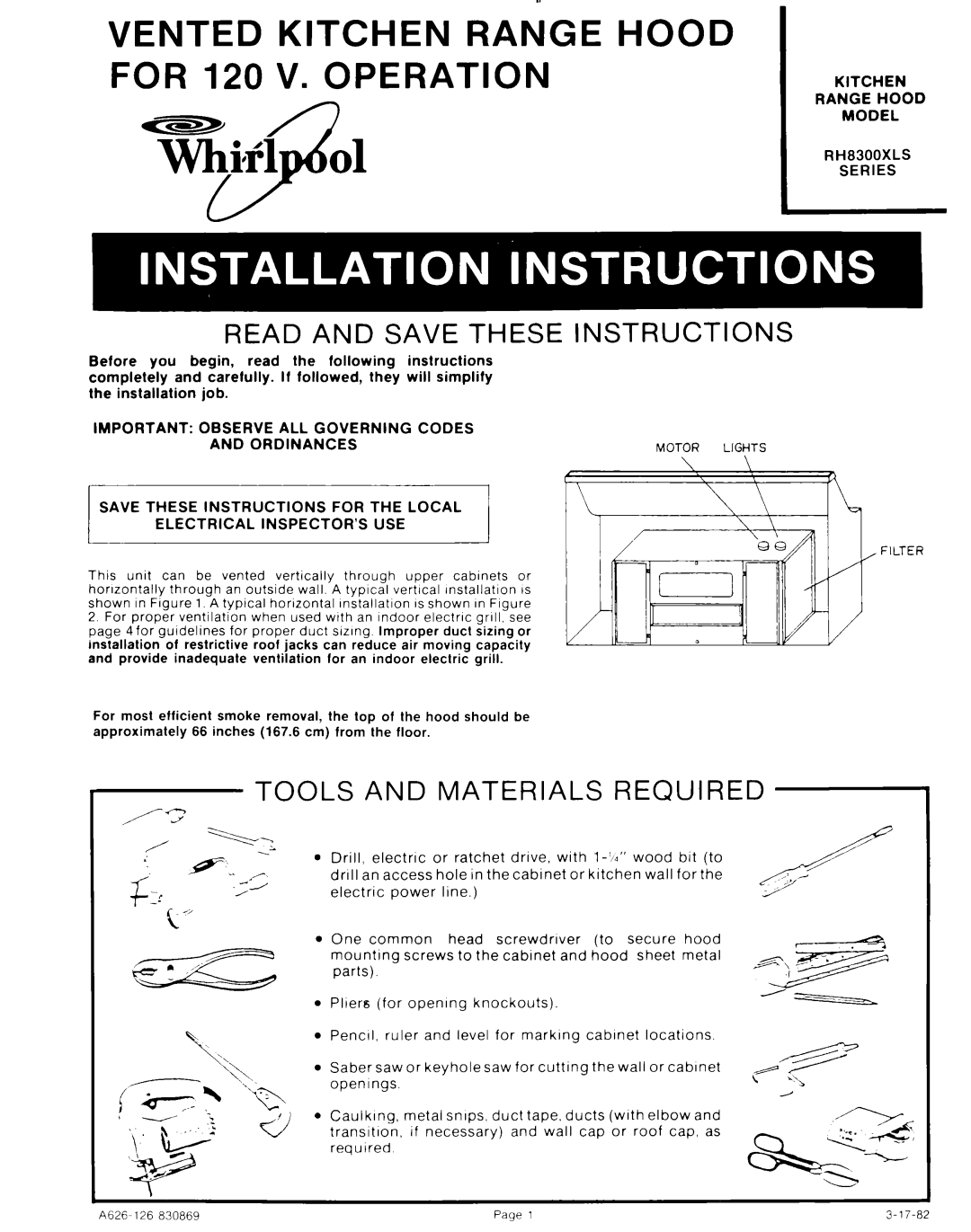 Whirlpool RH8300XLS manual Vented Kitchen Range Hood for 120 V. Operation 