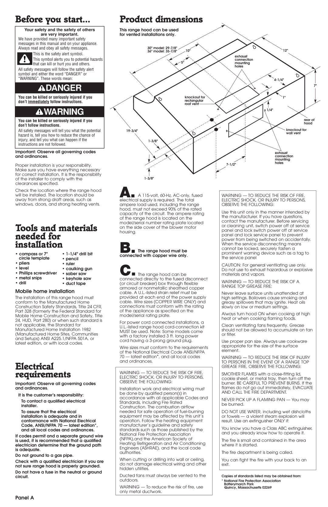 Whirlpool RH8330, RH8336 Before you start, Tools and materials needed for installation, Electrical requirements 