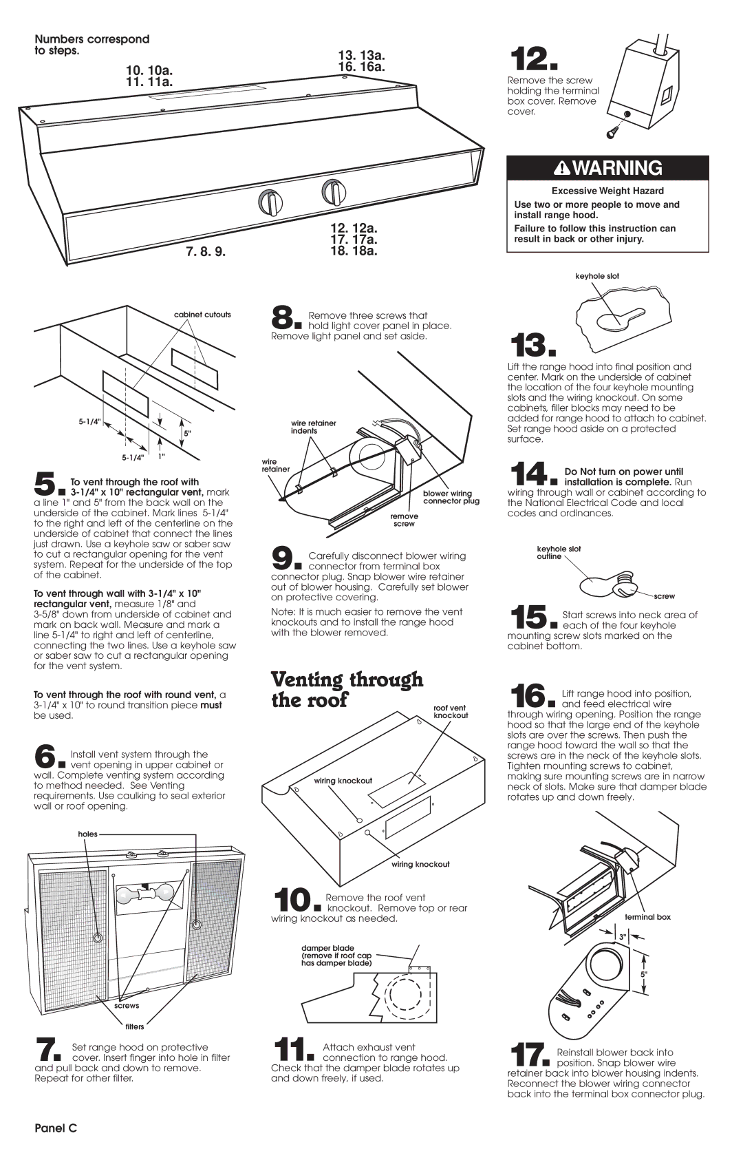 Whirlpool RH8330, RH8336 installation instructions Venting through the roof, Numbers correspond to steps, Panel C 